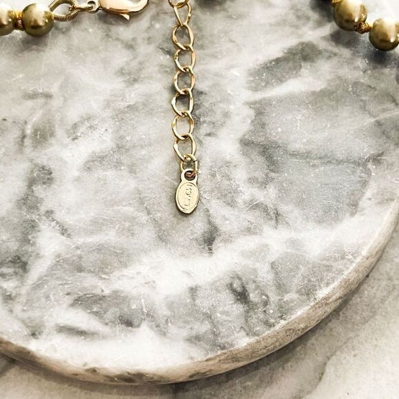 Vintage Monet Green Pearl Necklace Faux Topaz Crystal Accent Dangle Beads Signed - Picture 3 of 8